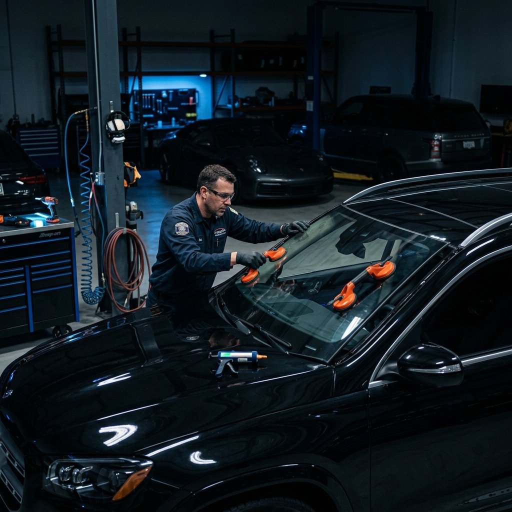 Expert technician installing glass on luxury SUV