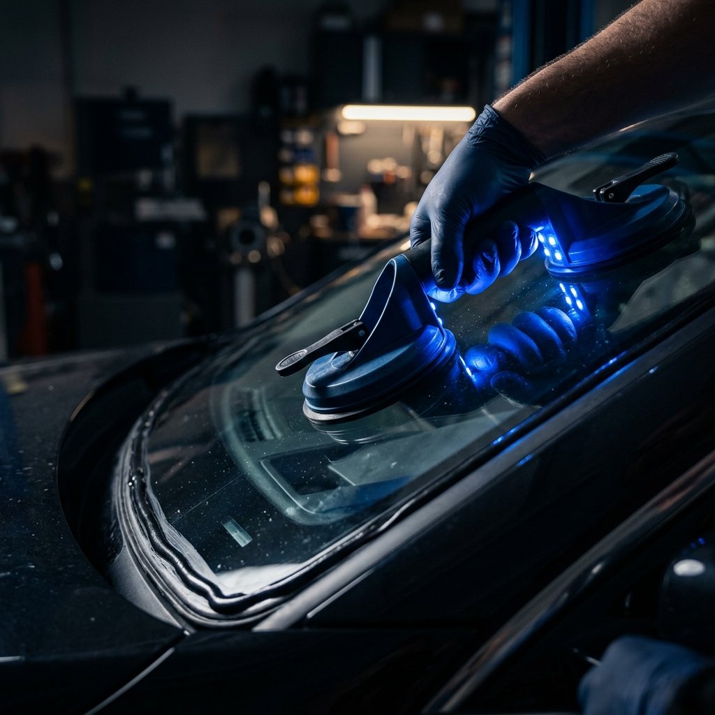 Close-up of precision windshield glass positioning tools